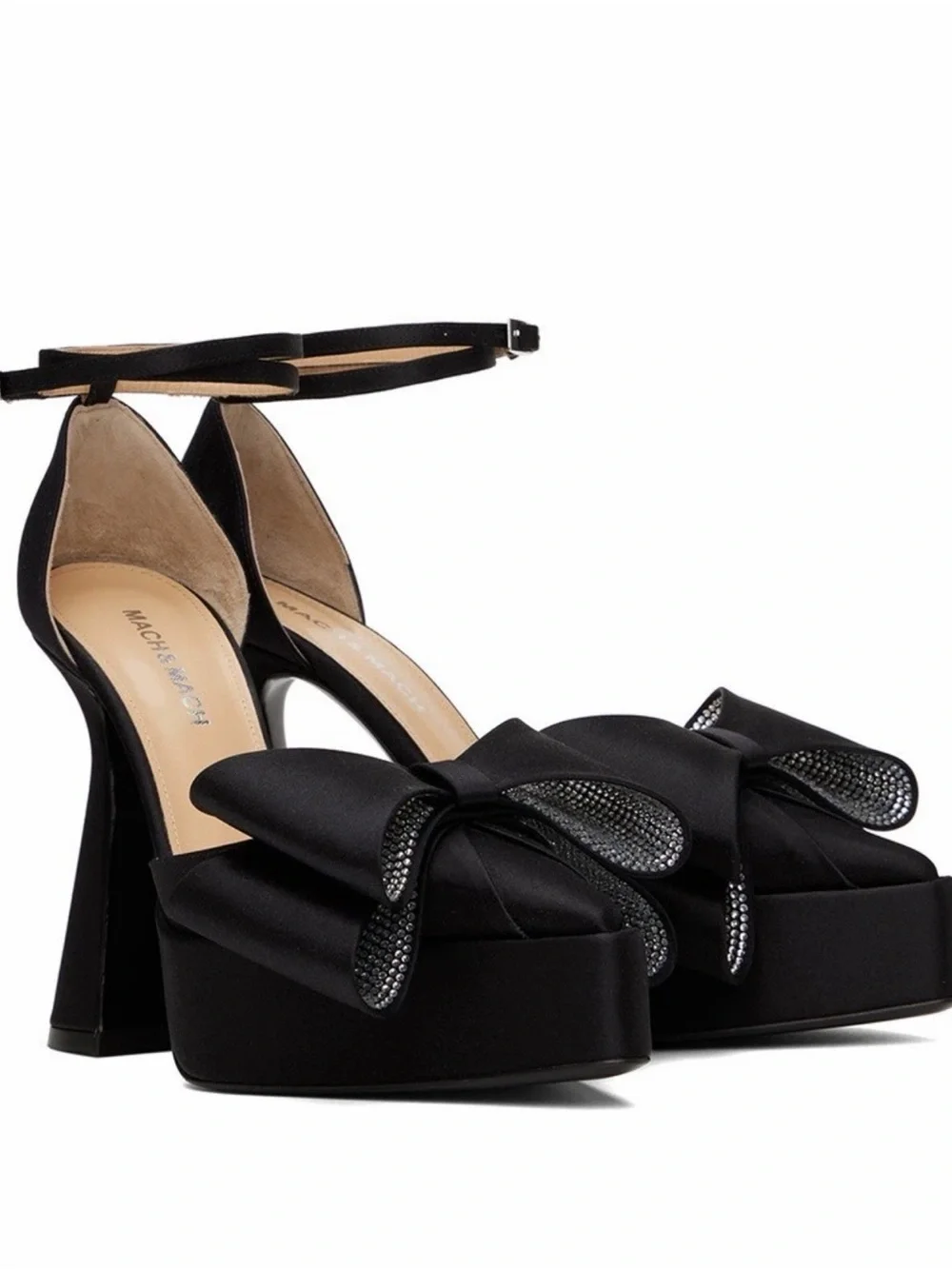 Mach & Mach Black Satin Platform Ankle-Strap Sandals with rhinestone Bow